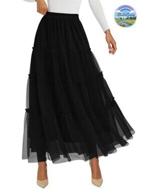 Women's Tulle Tiered Long Maxi Skirt High Waist A-Line Layered